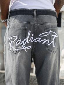 Manfinity EMRG Men's Casual Distressed Embroidered Loose Fit Dark Grey Jeans - Dark Grey - View 7