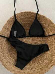 Vaytide Bộ bikini 2 mảnh dành cho nữ, màu đen, họa tiết chấm bi trắng ngẫu nhiên, kiểu dáng ngọt ngào, dễ thương, cổ yếm, cạp cao, thích hợp cho mùa Xuân/Hè 2026. - màu đen - Xem 2
