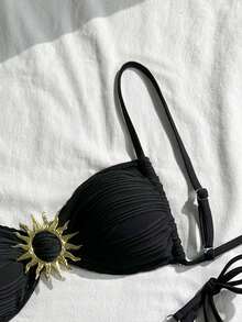 Swim Mod Women's Sexy Solid Color Tie-Up Bikini Set, Vacation Fashion - Black - View 5