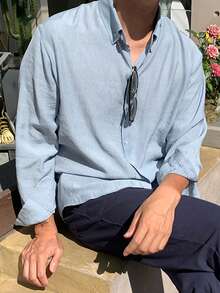 DAZY Men's Long Sleeve Solid Blue Shirt, Spring Summer - Blue - View 8