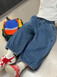 DAZY 男童休闲口袋纽扣牛仔裤，百搭日常穿着 - 中等水洗藍 - 查看 3