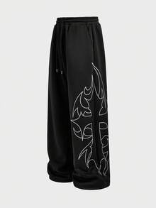 AXEPEAK 男士休闲时尚街头日常通勤抽绳腰带交叉印花宽松阔腿运动裤 - 黑色 - 查看 2