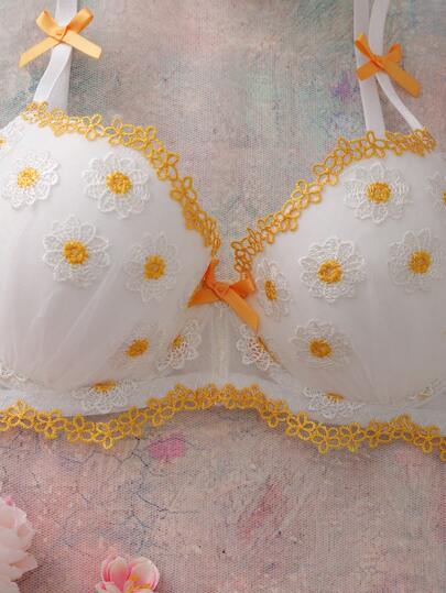 Sujetador con aros acolchado con bordado floral blanco, con soporte y moldeado, estilo romántico campestre para lencería de mujer