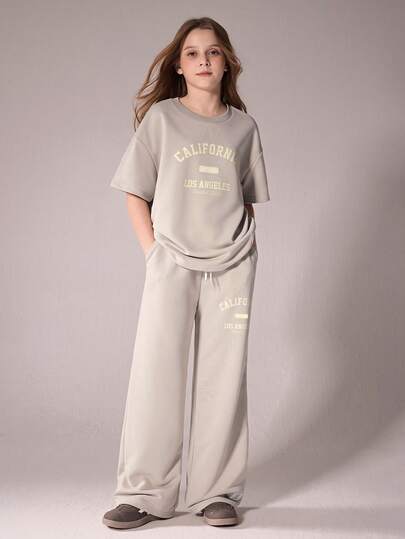 Oversized Gray Graphic Print Short Sleeve T-Shirt Set For Teenage Girls, Casual Street Style, Loose & Comfortable, Versatile For Summer, Vacation, Travel, School, Daily Wear