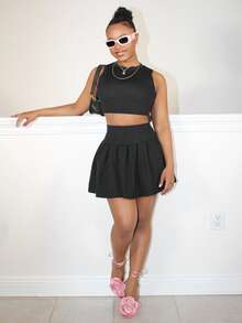 Steph T 2pcs Set Women Heart Hollow-Out Tank Top And Pleated Skirt - Black - View 1