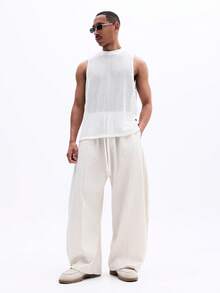 SUMWON Quần dài ống rộng bằng vải lanh dành cho nam, kiểu dáng thoải mái, thích hợp mặc mùa hè, có dây rút ở eo, thoáng khí, nhẹ và dễ chịu mỗi ngày. - Màu be - Xem 3