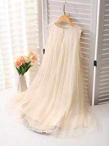 SHEIN Girls' Elegant Ruffled Pearl Decor Mesh Dress - Apricot - View 2