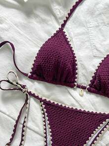 Swim Mod Women's Solid Color Jacquard Fabric Ruffle Trim Tie Strap 2-Piece Bikini Set, Summer - Purple - View 4