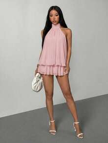 SHEIN PETITE Đầm ngắn cổ yếm màu be thanh lịch dành cho nữ - Hồng - Xem 5