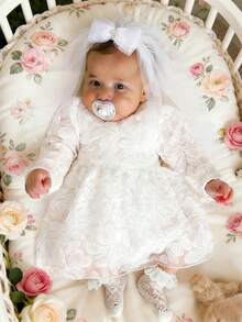 Newborn Photography Dress With Veil Headwear Lace Baptism Gown White Christening Outfit - White - View 4