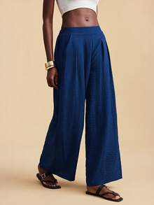 Travachic 女士纯色高腰褶皱阔腿宽松休闲裤 - 藏蓝色 - 查看 5
