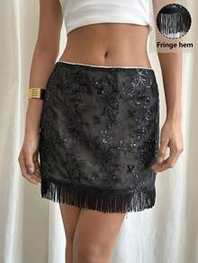 Siren Gaze Women's Floral Fringe Sequin Chiffon Black Mini Skirt - Black - View 4