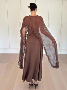 Siren Gaze 女士优雅撞色蕾丝腰身连衣裙，棕色，度假风，秋冬款 - 棕色 - 查看 2