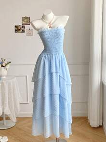 Comfortcana 女士夏季沙滩度假纯色褶皱上身多层下摆抹胸长裙 - 藍色 - 查看 3