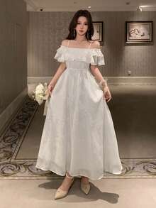 DAZY Women's Elegant Floral Off-Shoulder Ruffle Hem Mid-Length Dress, Summer - Beige - View 3