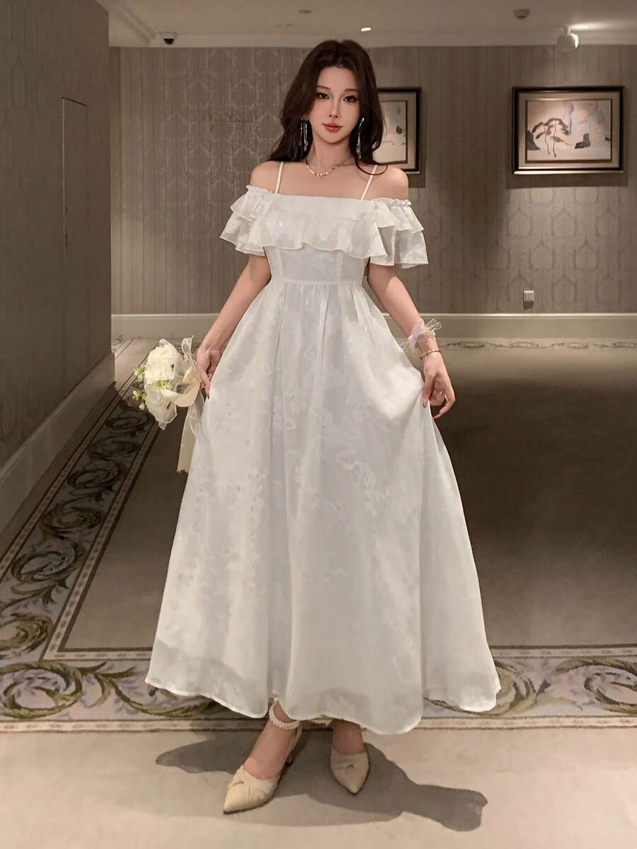 DAZY Women's Elegant Floral Off-Shoulder Ruffle Hem Mid-Length Dress, Summer - Beige - View 1