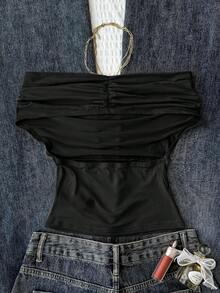 Teen Girl Black Summer Tube Top Strapless Off-Shoulder Fitted Cargo Holiday Top,Versatile Y2k Solid Color High Neck Elegant Top For Beach Vacation - Black - View 2