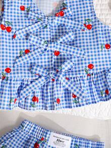 SHEIN Young Girl Casual Vacation Cherry Blue Plaid Vest Shirt Top And Shorts Set - Blue and White - View 4