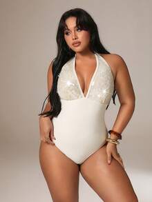 Auralis 大码女式夏季沙滩度假亮片拼接露背系带连体泳衣 - 杏色 - 查看 6