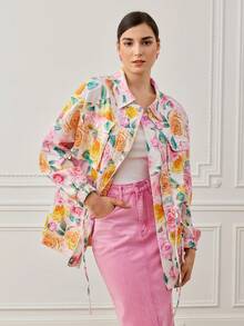 LOTSLUV Women's Loose Fit Long Sleeve Floral Print Jacket With Pockets, Drawstring Waist And Button Front Closure,Women's Denim Jacket,Women's Coat,Elegant Coats Women,Vacation Coat - White - View 1