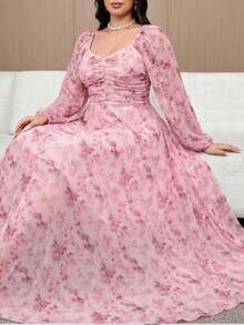 Modelyn Große Größen Elegantes Kleid für Damen mit Blume Muster, Herzausschnitt, Rüschen und Ballonärmeln - Verschiedenfarbig - Übersicht 1