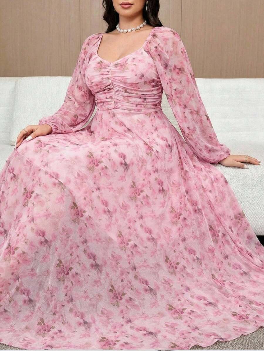 Modelyn Große Größen Elegantes Kleid für Damen mit Blume Muster, Herzausschnitt, Rüschen und Ballonärmeln - Verschiedenfarbig - Übersicht 1
