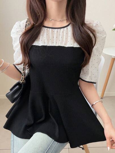 FRIFUL 女士撞色拼接薄纱蕾丝修身休闲T恤，适合春夏穿着