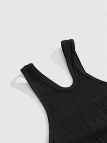 ROMWE Avant Women's Y2K All-Match Versatile One Shoulder Design Hollow Out Ruched Textured Ribbed Fabric Camisole - Black - View 3