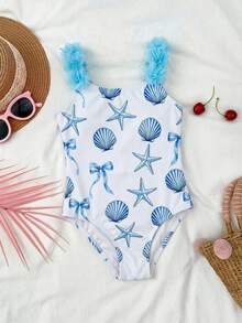 Emery Rose Kids Emery Rose Kids Young Girl Striped Bow & 3D Flower One-Piece Swimsuit - Baby Blue - View 3