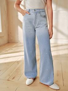 Anewsta Girls' Fashionable Sparkling Diamond Gradient Blue Straight Leg Jeans, Spring/Summer - Blue - View 4