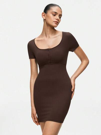 SHAPORA Camisón ajustado de manga corta y unicolor casual para mujer, de verano