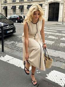 Dripcurv 大码女式夏季杏色无袖长连衣裙，夏季连衣裙，度假装，沙滩裙，乡村风连衣裙，杏色连衣裙，女士度假装。 - 杏色 - 查看 3