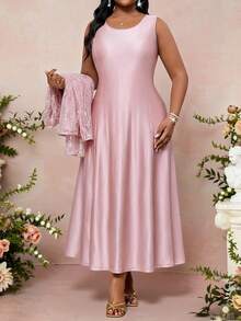 SHEIN Lady Plus Size Women Elegant Sleeveless Dress & Jacket 2 Pieces Set,Dusty Pink Summer Sparkly Formal Dress For Women,Wedding Ninang Luxury 2 Pieces Sets - Pink - View 6