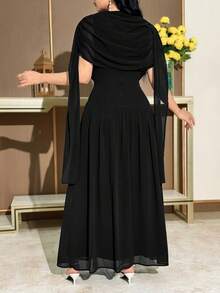 Modelyn 女士纯色圆领褶皱斗篷式优雅中长连衣裙 - 黑色 - 查看 6
