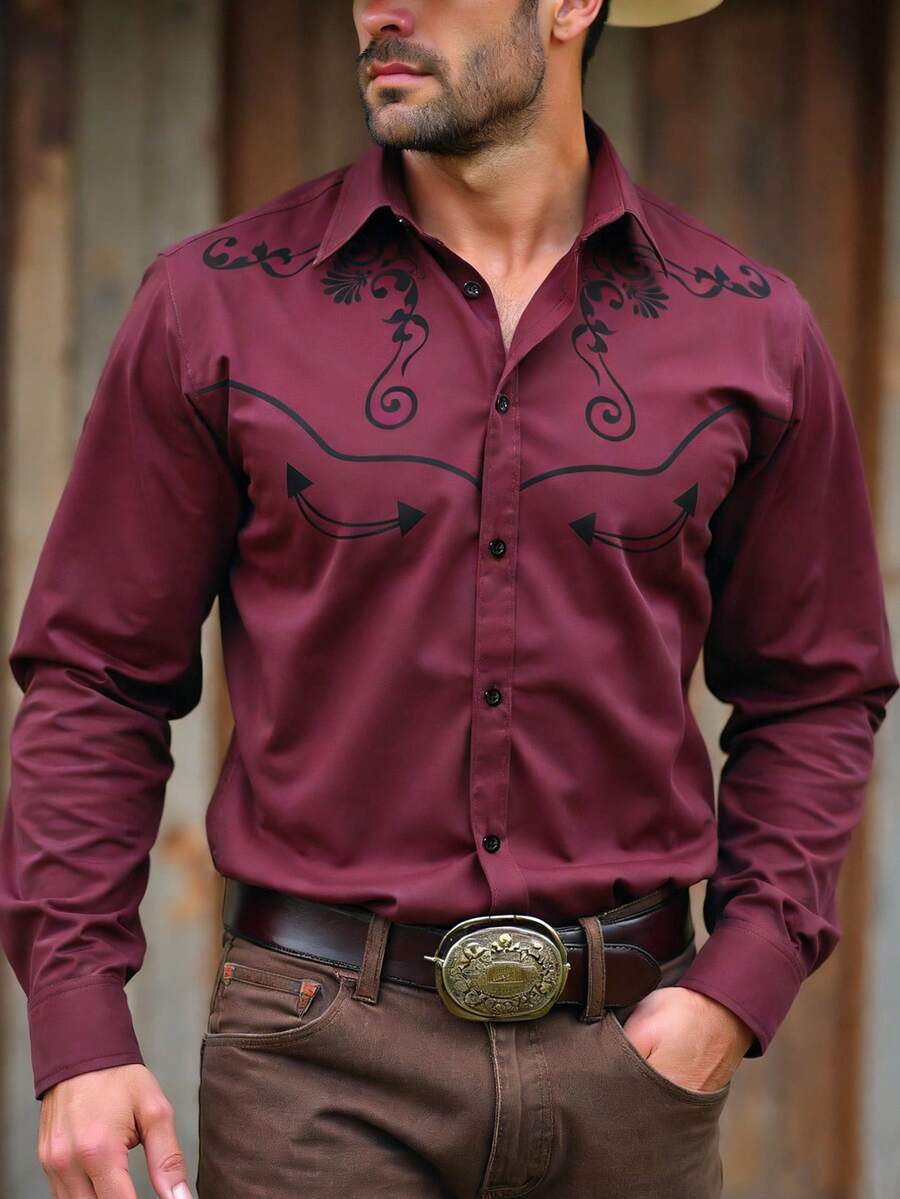 Manfinity Nomadique Men's Western Style Plaid Long Sleeve Casual Shirt - Burgundy - View 1