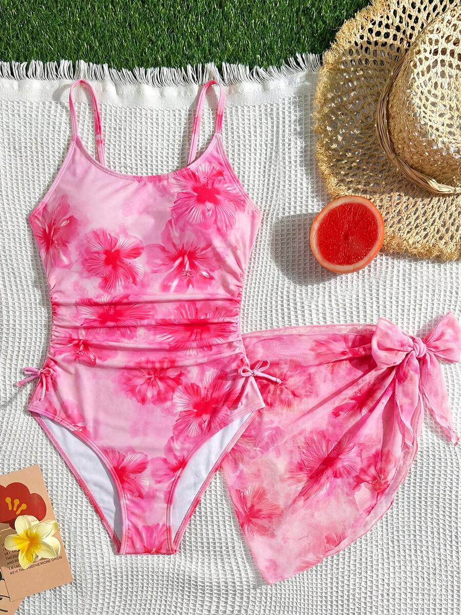 SHEIN 少女碎花连体泳衣及罩衫两件套 - 粉色 - 查看 1