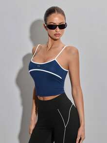 SHEIN ICON Áo camisole nữ dáng ôm, in chữ, dáng ngắn. - Xanh và trắng - Xem 7