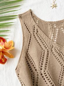 Travachic Women's Brown Hollow-Out Knit Loose Tank Top, Summer Vacation, Christmas Party, Elegant New Year's Eve, Casual Going Out, Tank Top - Brown - View 4
