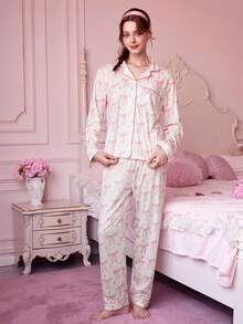 Bonmuse Bộ đồ ngủ in nơ thanh lịch 2 món, bao gồm áo dài tay thoải mái có cổ và quần cạp chun rộng rãi, thích hợp làm đồ ngủ, mặc đi chơi, dự tiệc, mặc được mọi mùa, mặc mùa đông - Hồng - Xem 3