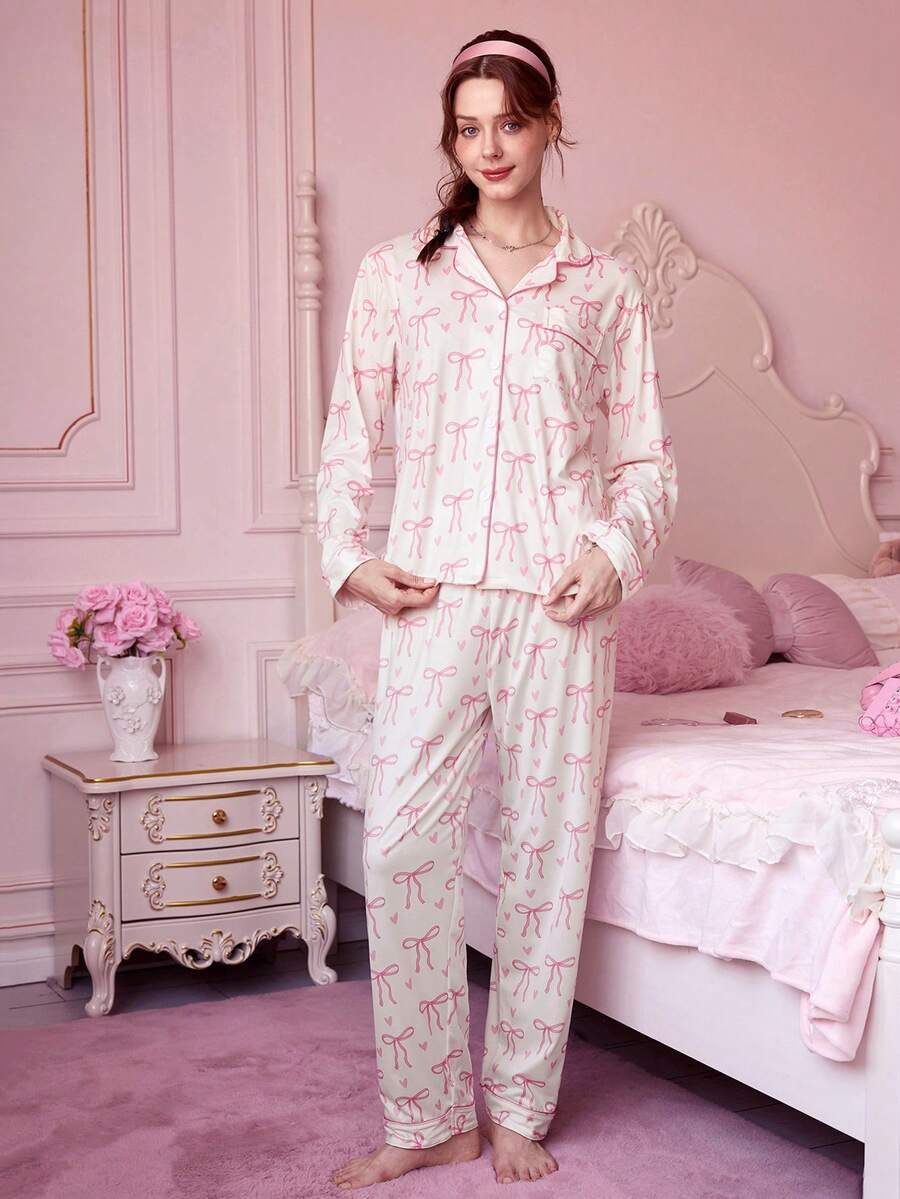 Bonmuse 2件組優雅蝴蝶結印花居家服套裝,包含舒適長袖領口上衣與寬鬆彈性腰長褲,適合睡衣、居家、派對,四季皆宜,冬夏皆可穿 - 粉色 - 查看 1