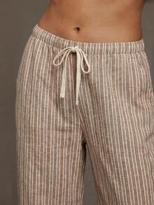 Siren Gaze Women's Tie Waist Striped Wide Leg Loose Casual Pants Stripe Pants Lounge Pants Drawstring Pants Women Linen Pants - Khaki - View 6