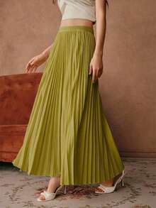 Anewsta Essential Women's Solid Color Elegant Pleated Skirt Maxi - Green - View 4