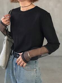 FRIFUL Women's Patchwork Leopard Print Crew Neck Long Sleeve Casual Loose Versatile T-Shirt, Autumn/Winter - Black - View 5