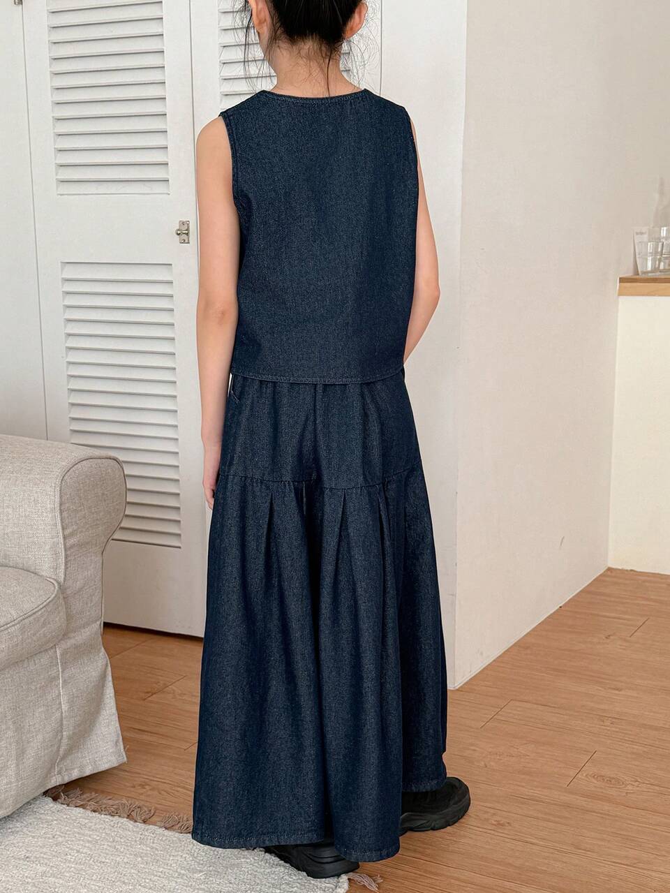 Tween Girls V-Neck Denim Vest & Denim Skirt 2-Piece Set, Fall Summer