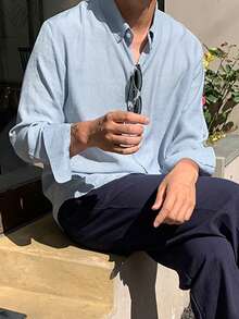 DAZY Men's Long Sleeve Solid Blue Shirt, Spring Summer - Blue - View 10