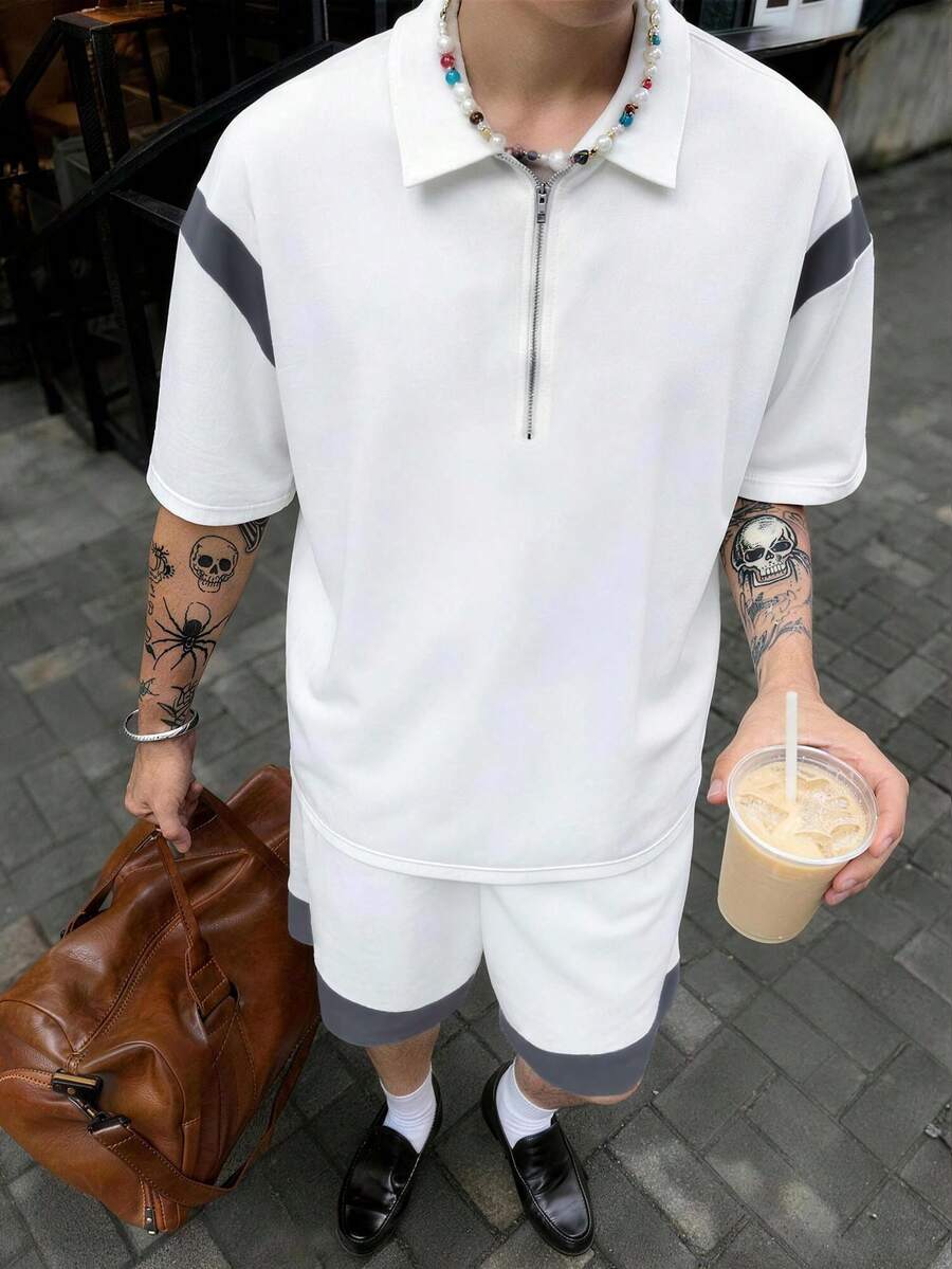 Manfinity Roghcode Set di t-shirt con chiusura lampo a metà e pantaloncini con colletto, stile casual da strada adatto per viaggi e vacanze - Multicolore - Visualizzare 1