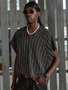 NEON BLANC Men's Striped Print Contrast Color Loose Casual Top, Spring/Summer - Black - View 2
