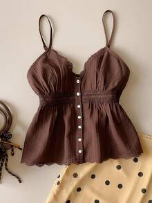 SHEIN Unity New Spring/Summer V-Neck Lace Patchwork Adjustable Spaghetti Strap Camisole Top With Front Button Decor, Coffee Brown, Vintage Chic For Work - Coffee Brown - View 3