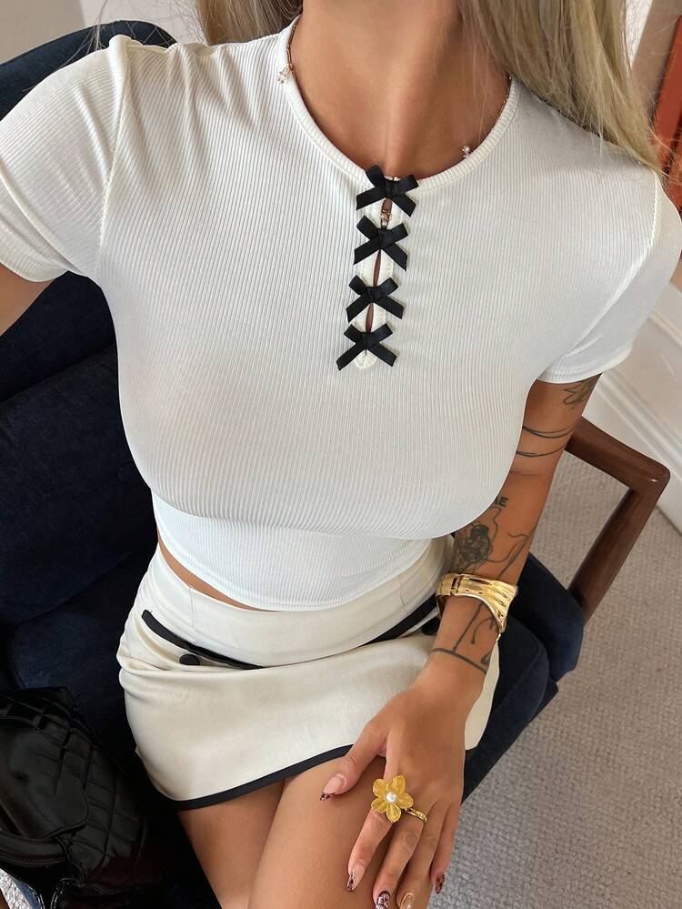 Contrast Color Bow Tie Fitted Short Round Neck Short Sleeve Casual Vacation Summer Top T-Shirt For Women