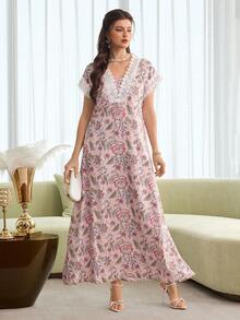 Al Najma Elegant Floral Print Patchwork Lace Trim Long Dress With Short Sleeves, For Spring/Summer - Bubblegum Pink - View 4